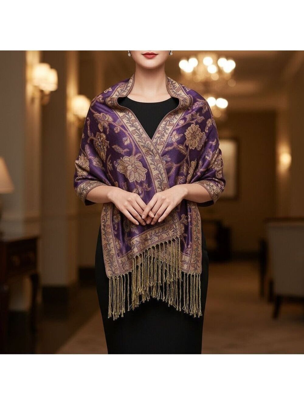 Purple Gold Paisley Jacquard Scarf Shawl Fringe Boho Wrap Women 72x28 - Picture 6 of 9